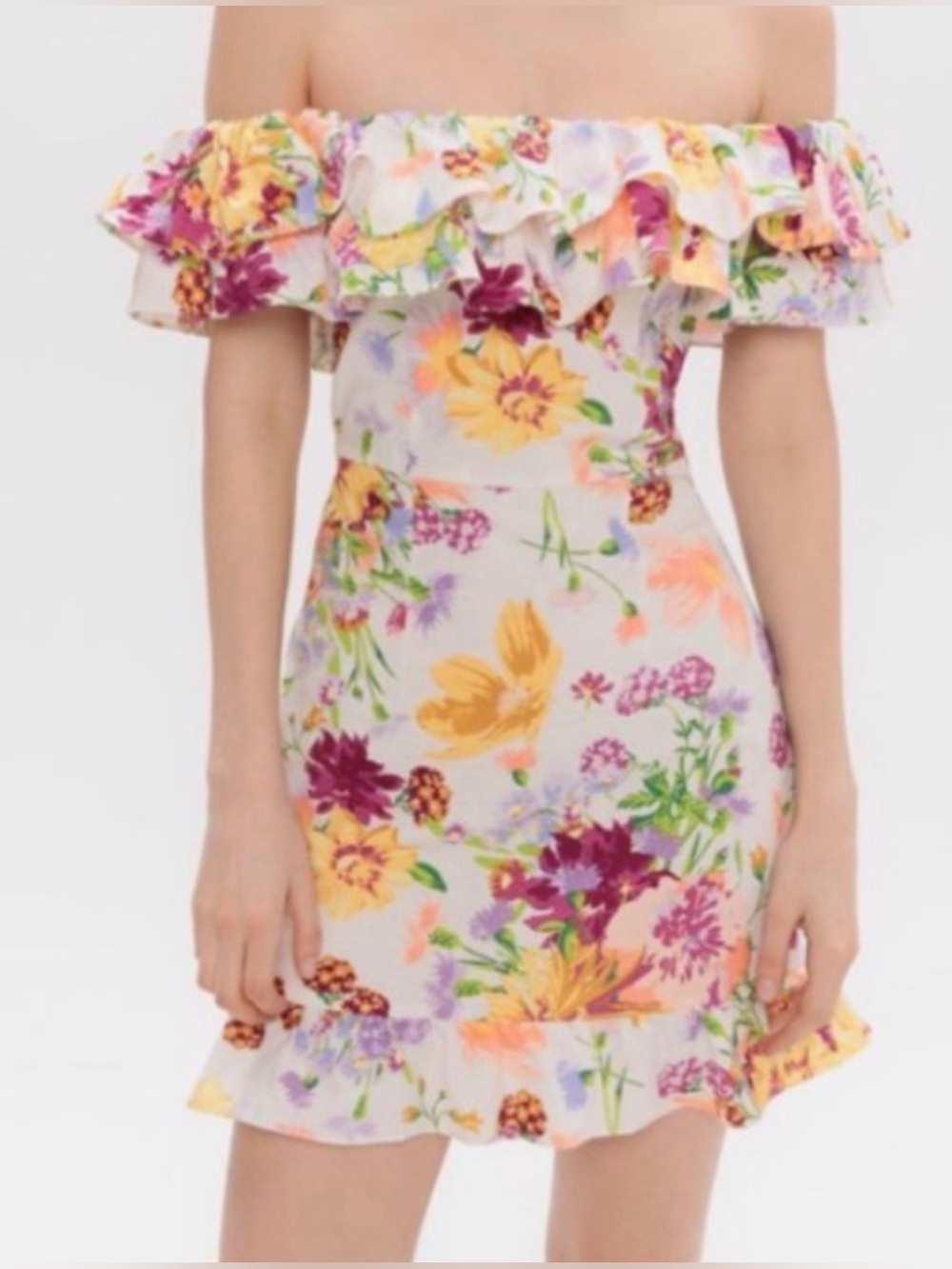 H&M Linen Off the Shoulder Mini DRESS Stylish Floral Mini Dress with Ruffles